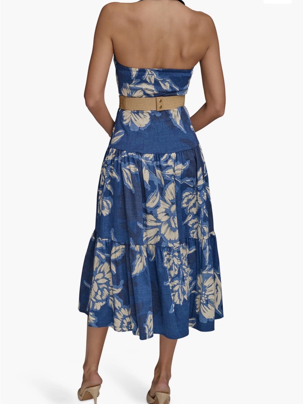 Donna Karan Blue and Cream Halter Floral Midi Dress Size 14 missing belt - Picture 2 of 6